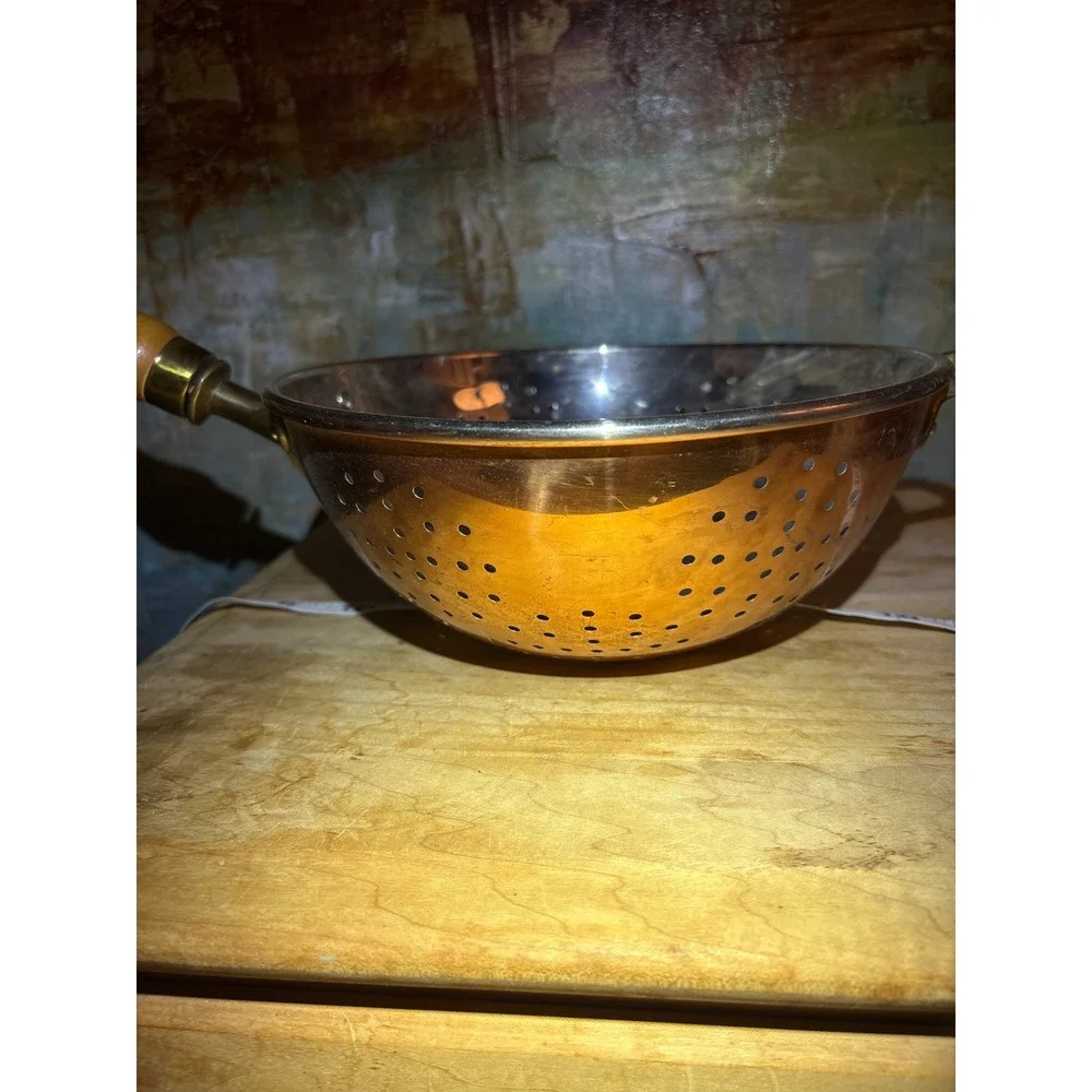 Old Dutch International Vintage Copper Colander Wood Handle Brass Helper Korea